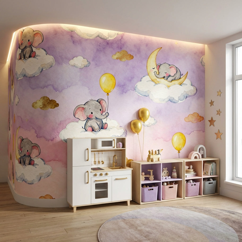 Dreamy Lavender and Blush Watercolor Elephant Nursery Mural – scale reference, Golden Era Walls