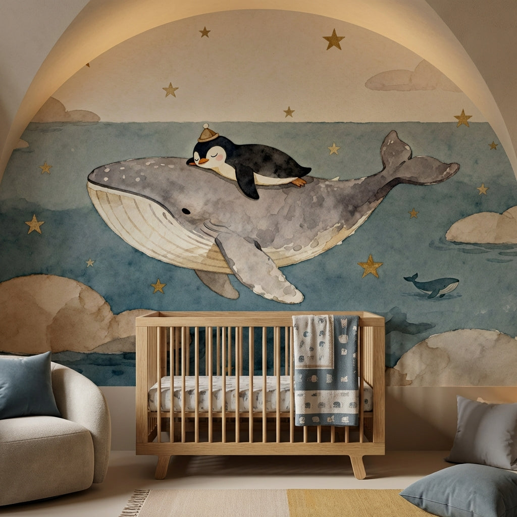 Dreamy Watercolor Whale and Penguin Mural Muted Ocean Nursery – peel and stick wallpaper mural, Golden Era Walls