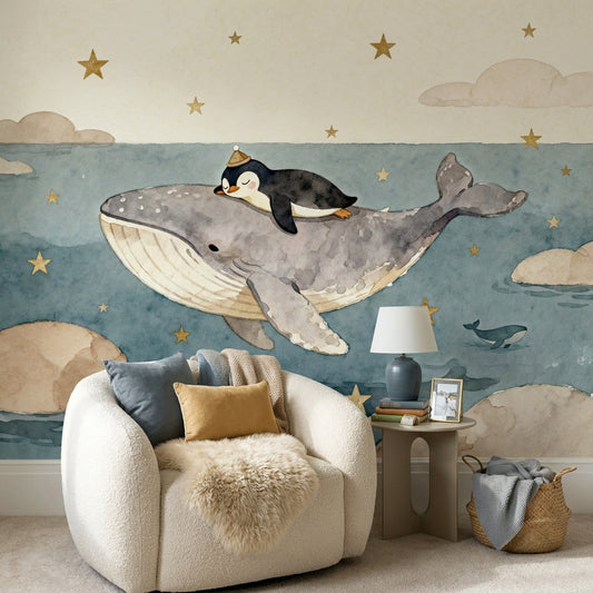 Dreamy Watercolor Whale and Penguin Mural Muted Ocean Nursery – room setting, Golden Era Walls