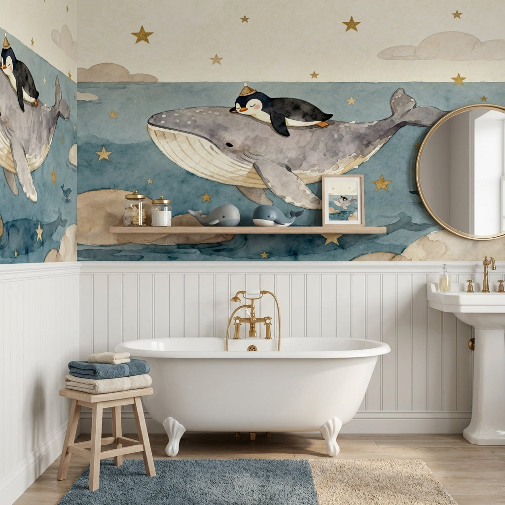 Dreamy Watercolor Whale and Penguin Mural Muted Ocean Nursery – lifestyle view, Golden Era Walls