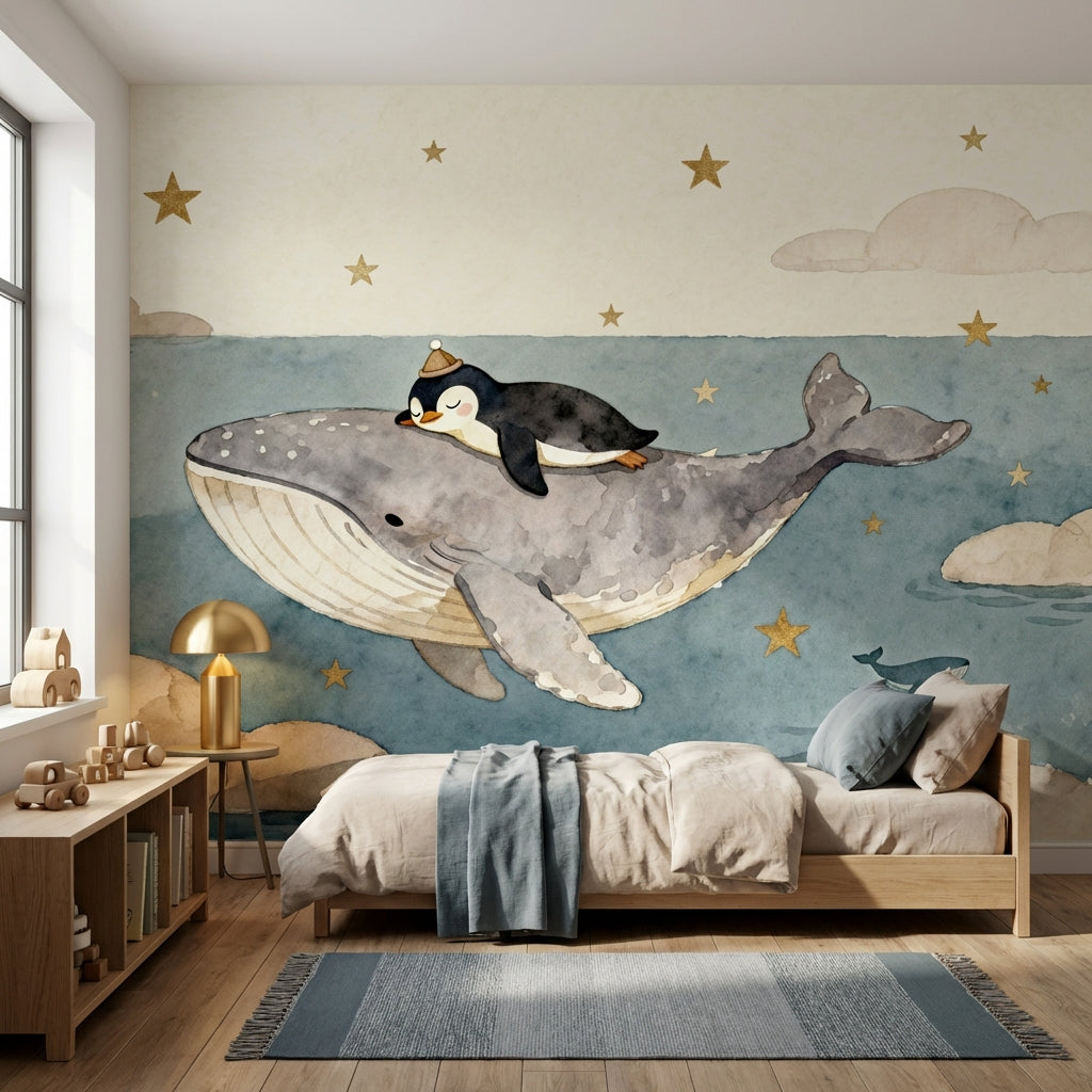 Dreamy Watercolor Whale and Penguin Mural Muted Ocean Nursery – detail view, Golden Era Walls