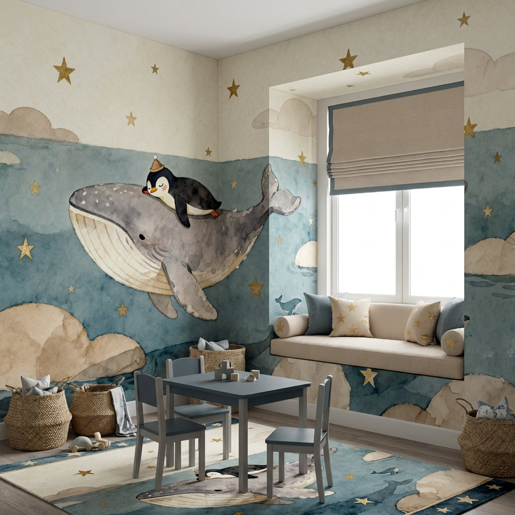 Dreamy Watercolor Whale and Penguin Mural Muted Ocean Nursery – scale reference, Golden Era Walls