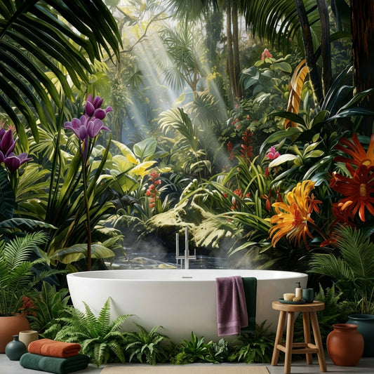 Enchanted Rainforest Sanctuary Oil Painting Mural Biophilic Botanical – peel and stick wallpaper mural, Golden Era Walls