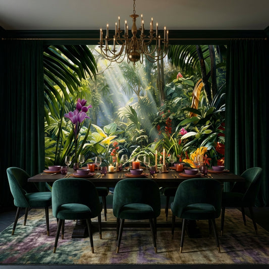 Enchanted Rainforest Sanctuary Oil Painting Mural Biophilic Botanical – room setting, Golden Era Walls