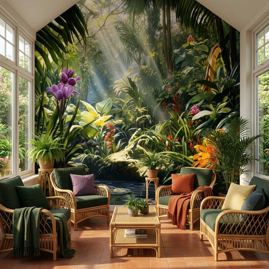 Enchanted Rainforest Sanctuary Oil Painting Mural Biophilic Botanical – detail view, Golden Era Walls