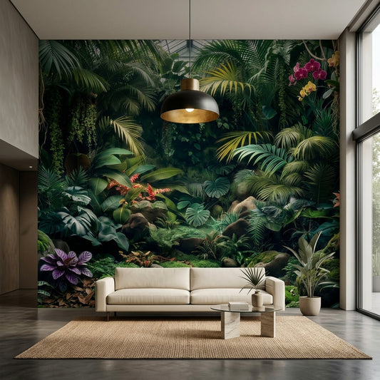 Dark Botanical Conservatory Wallpaper Moody Maximalist Jungle – room setting, Golden Era Walls
