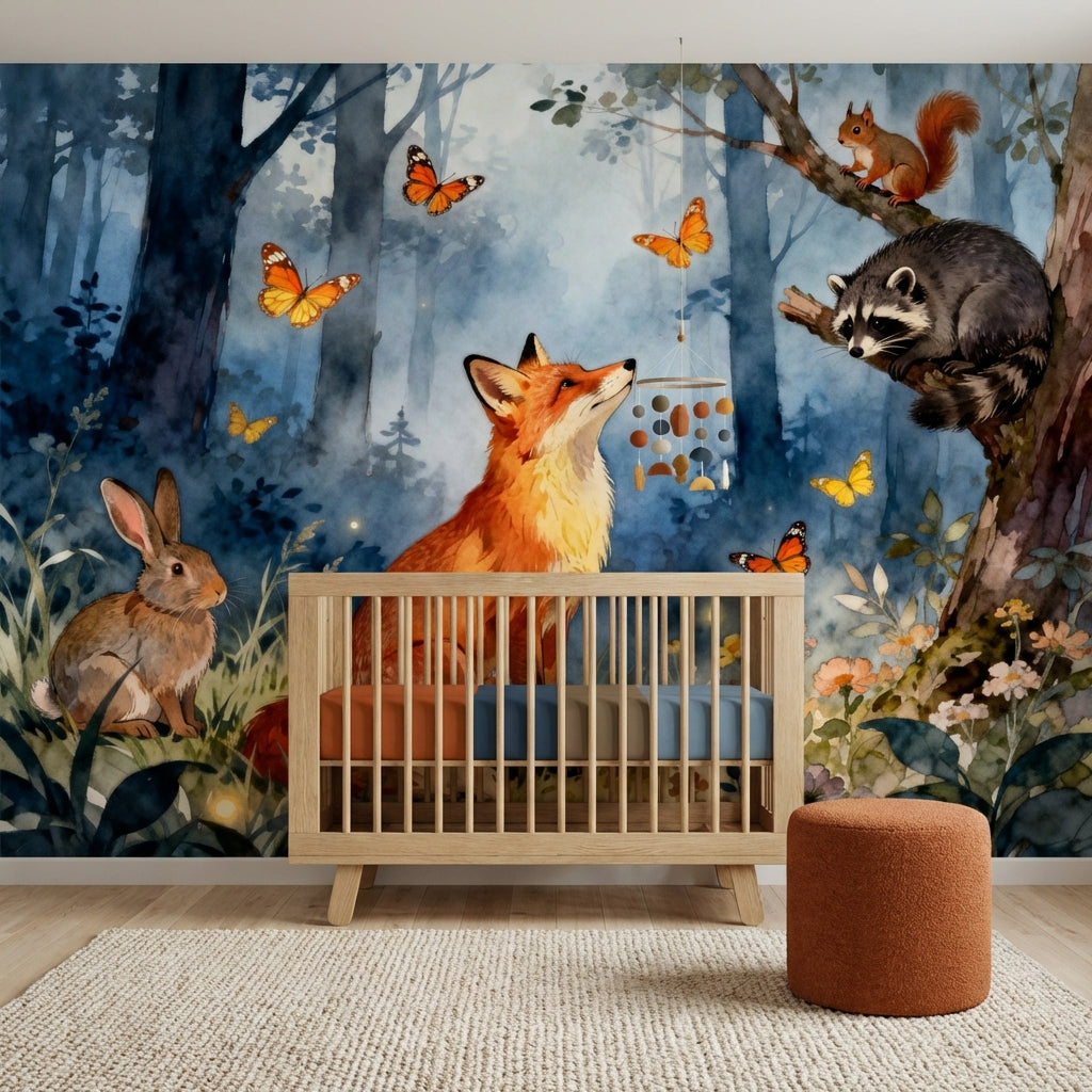 Enchanted Watercolor Woodland Mural Fox Raccoon Rabbit Luxury Nursery – peel and stick wallpaper mural, Golden Era Walls