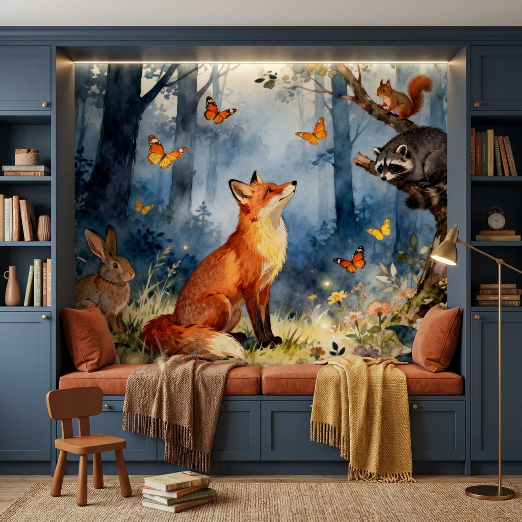 Enchanted Watercolor Woodland Mural Fox Raccoon Rabbit Luxury Nursery – room setting, Golden Era Walls