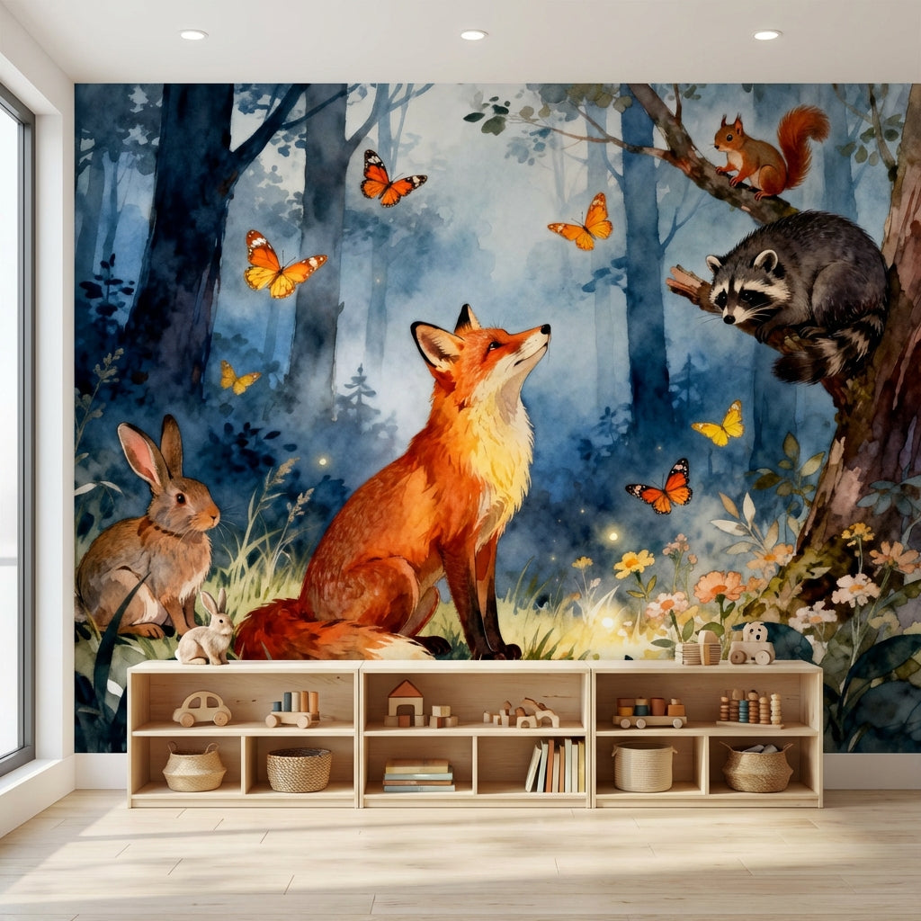 Enchanted Watercolor Woodland Mural Fox Raccoon Rabbit Luxury Nursery – lifestyle view, Golden Era Walls