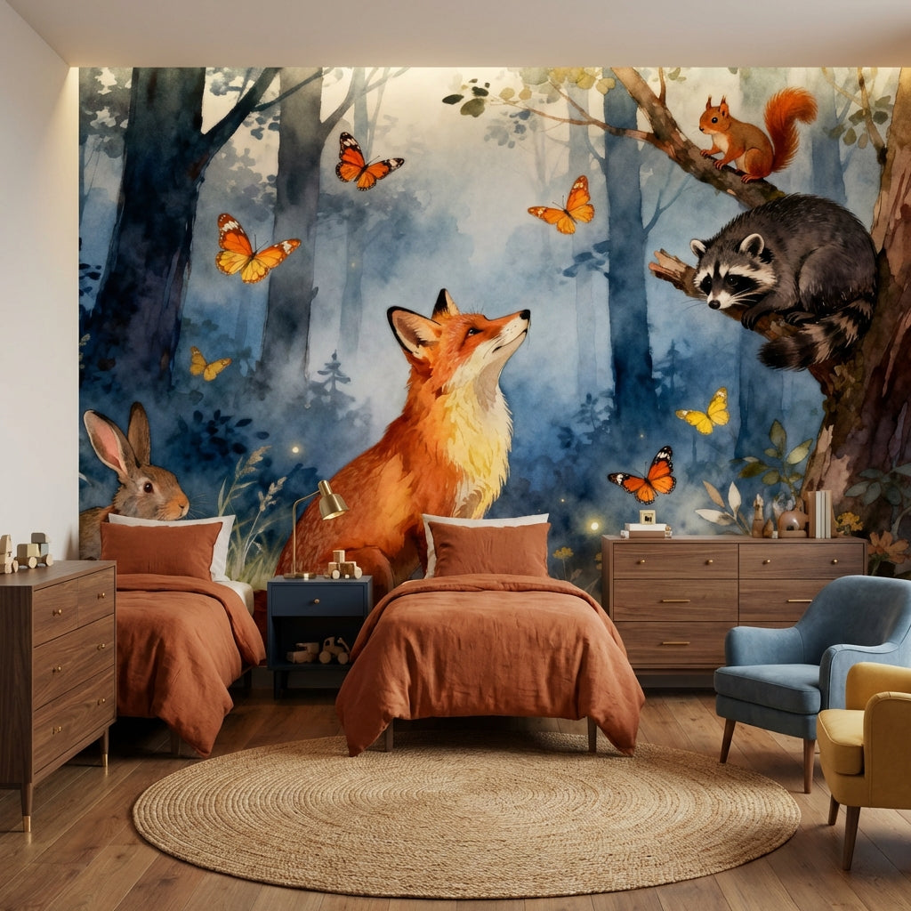 Enchanted Watercolor Woodland Mural Fox Raccoon Rabbit Luxury Nursery – detail view, Golden Era Walls