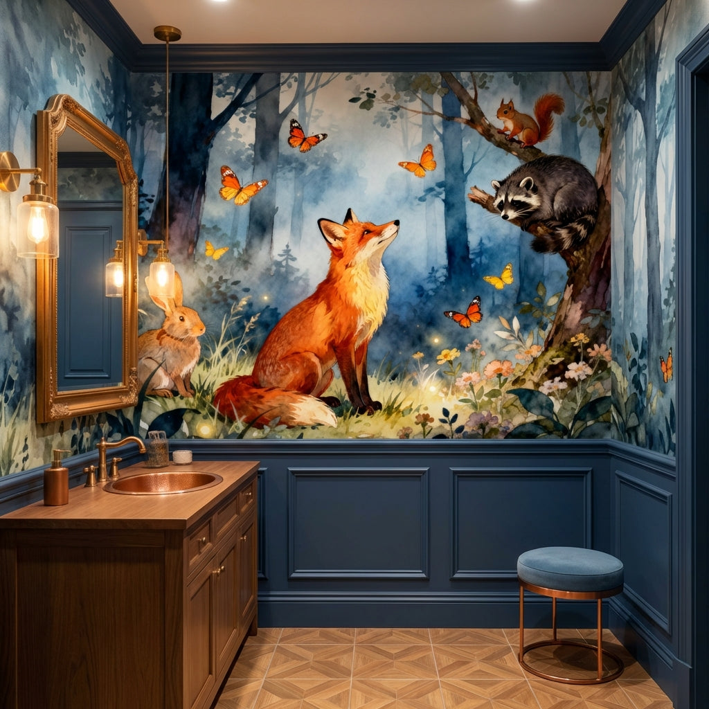 Enchanted Watercolor Woodland Mural Fox Raccoon Rabbit Luxury Nursery – scale reference, Golden Era Walls