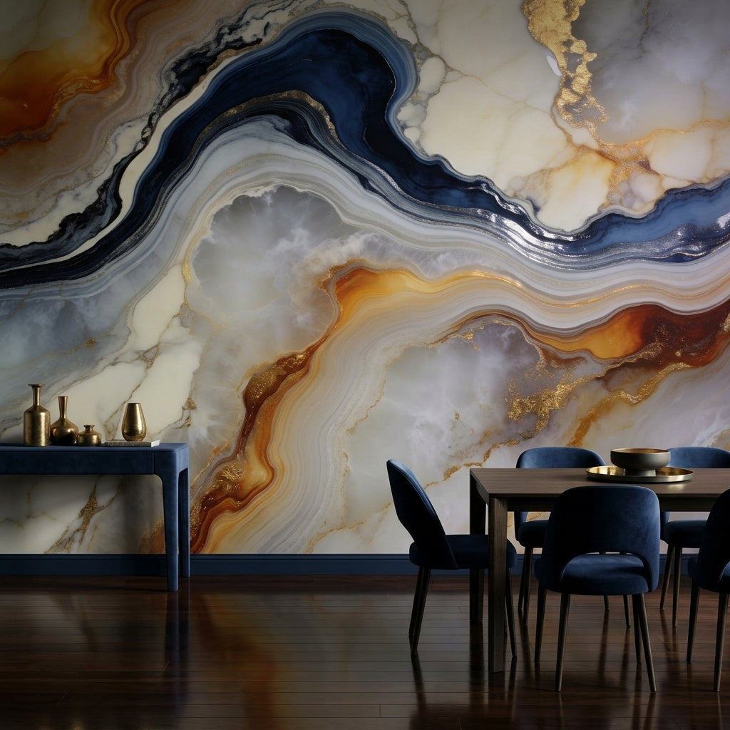 Luxury Navy Blue and Gold Marble Wallpaper Abstract Fluid Art – room setting, Golden Era Walls