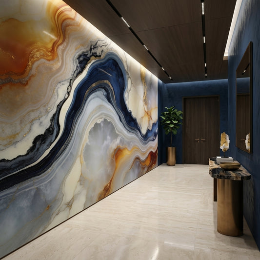 Luxury Navy Blue and Gold Marble Wallpaper Abstract Fluid Art – lifestyle view, Golden Era Walls