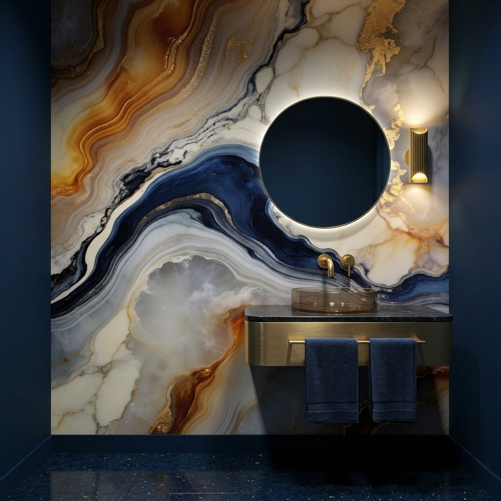 Luxury Navy Blue and Gold Marble Wallpaper Abstract Fluid Art – detail view, Golden Era Walls