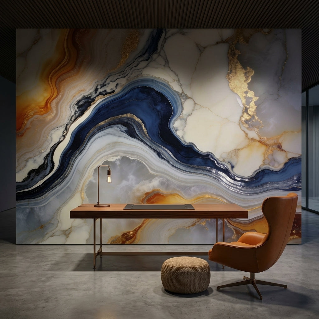 Luxury Navy Blue and Gold Marble Wallpaper Abstract Fluid Art – scale reference, Golden Era Walls