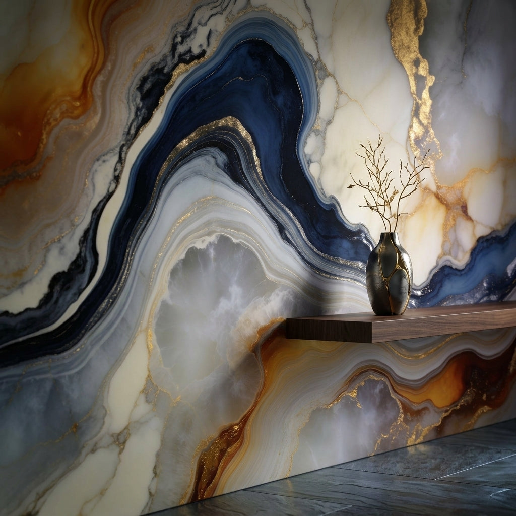 Luxury Navy Blue and Gold Marble Wallpaper Abstract Fluid Art – alternate view, Golden Era Walls