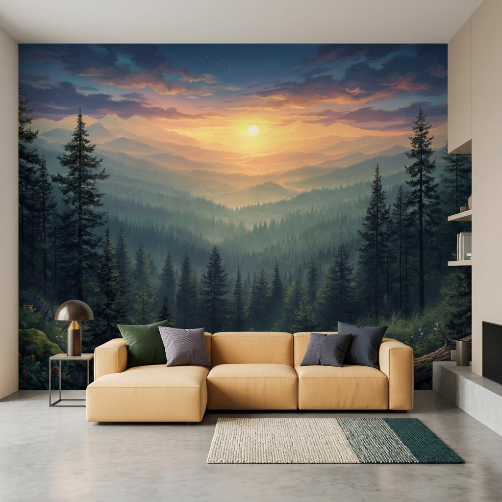 Misty Pine Forest Landscape Wall Mural Golden Sunrise Mountain Valley – peel and stick wallpaper mural, Golden Era Walls