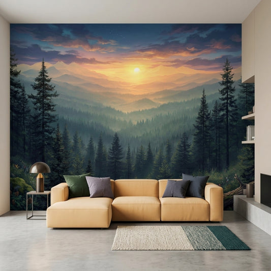 Misty Pine Forest Landscape Wall Mural Golden Sunrise Mountain Valley – peel and stick wallpaper mural, Golden Era Walls