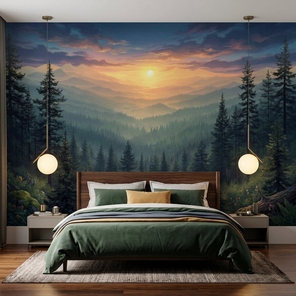 Misty Pine Forest Landscape Wall Mural Golden Sunrise Mountain Valley – room setting, Golden Era Walls