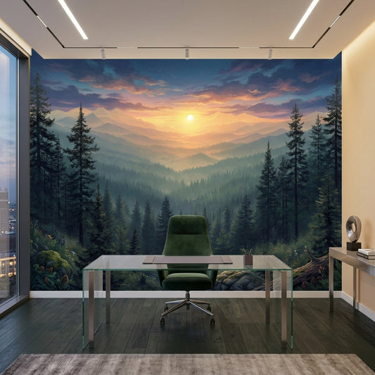 Misty Pine Forest Landscape Wall Mural Golden Sunrise Mountain Valley – lifestyle view, Golden Era Walls