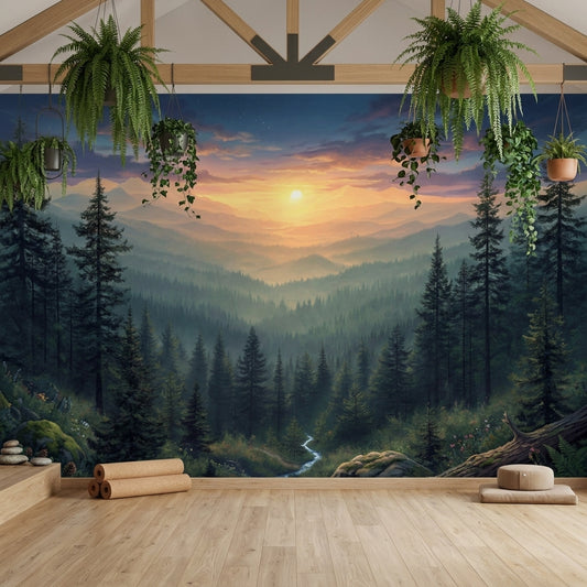 Misty Pine Forest Landscape Wall Mural Golden Sunrise Mountain Valley – detail view, Golden Era Walls