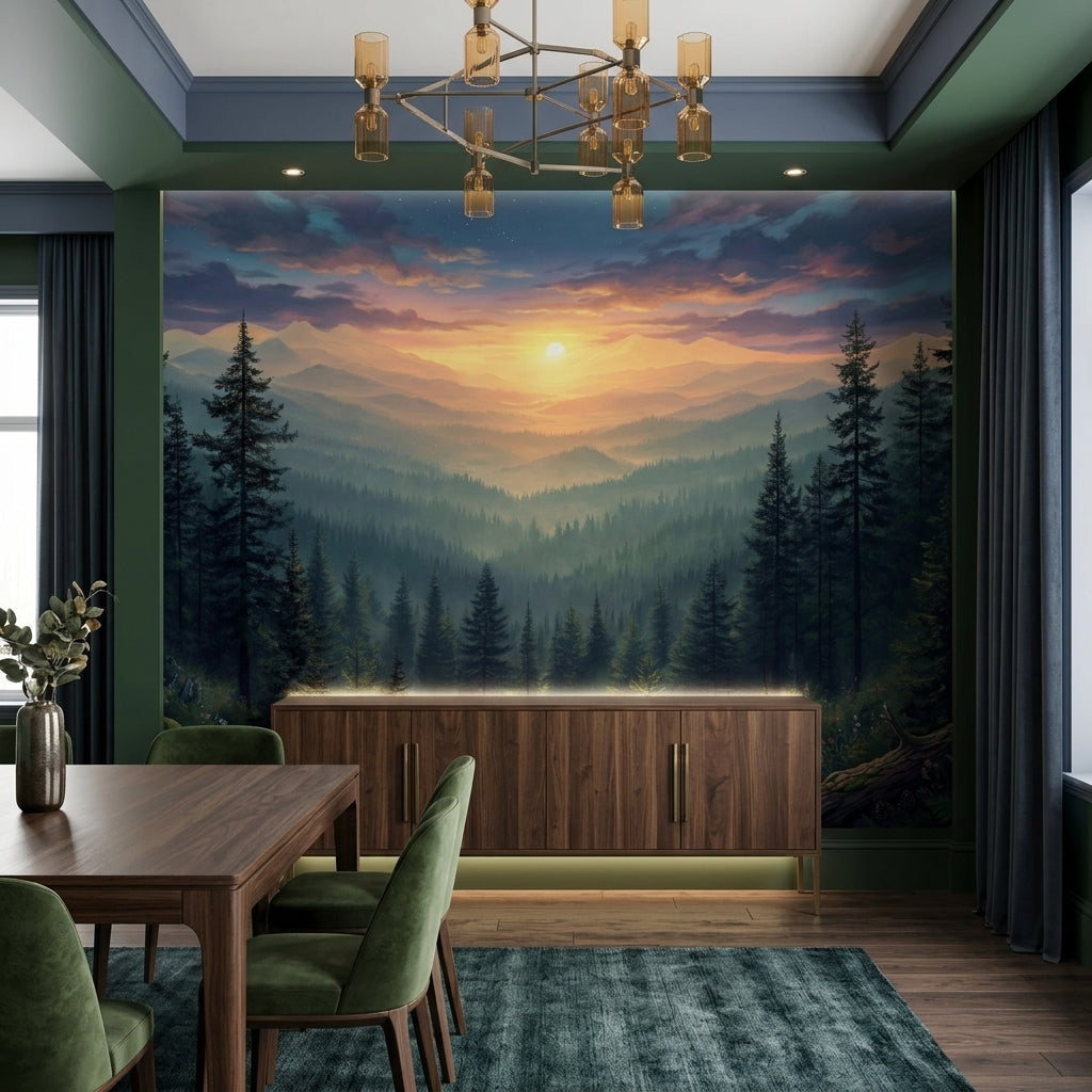 Misty Pine Forest Landscape Wall Mural Golden Sunrise Mountain Valley – scale reference, Golden Era Walls