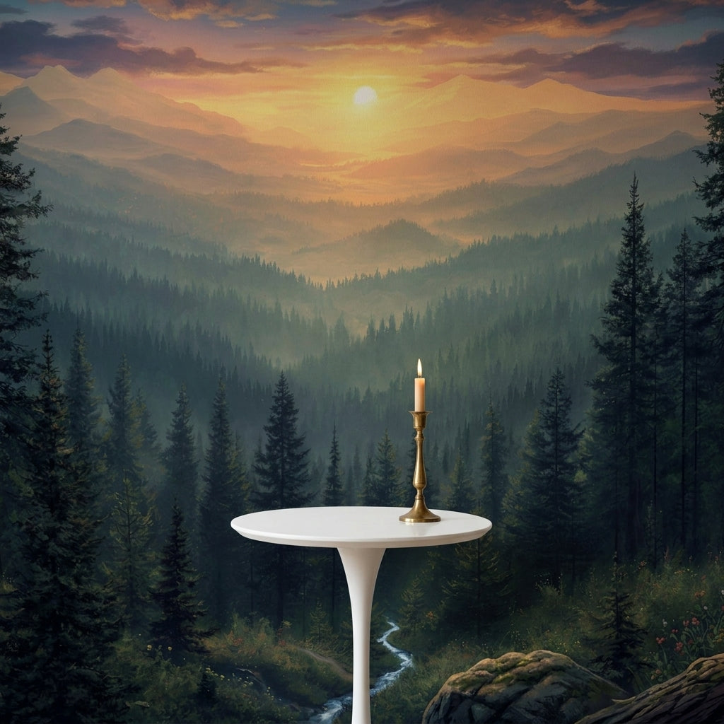 Misty Pine Forest Landscape Wall Mural Golden Sunrise Mountain Valley – alternate view, Golden Era Walls