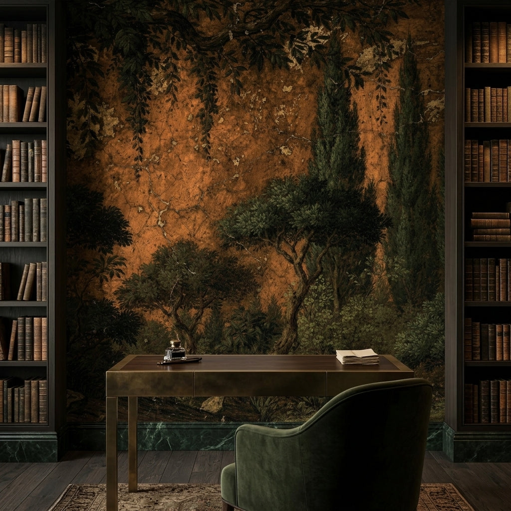 Vintage Landscape Wall Mural Peel and Stick – room setting, Golden Era Walls