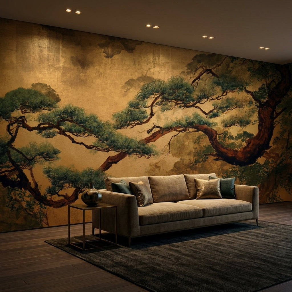 Vintage Japanese Gold Pine Tree Wallpaper Mural Japandi Peel and Stick – room setting, Golden Era Walls