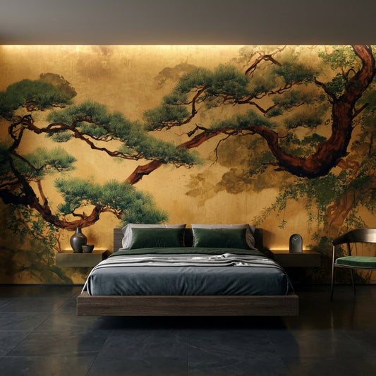Vintage Japanese Gold Pine Tree Wallpaper Mural Japandi Peel and Stick – lifestyle view, Golden Era Walls