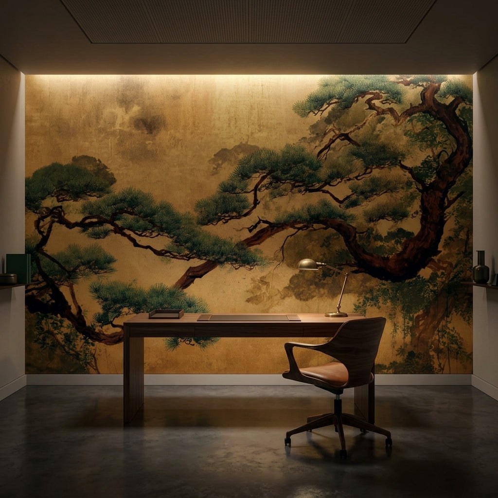 Vintage Japanese Gold Pine Tree Wallpaper Mural Japandi Peel and Stick – peel and stick wallpaper mural, Golden Era Walls