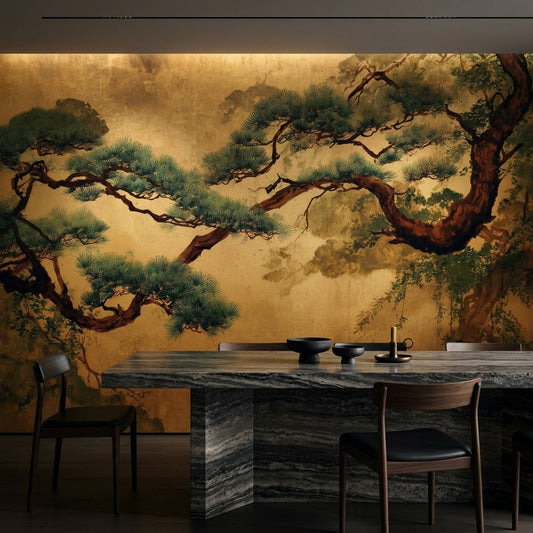 Vintage Japanese Gold Pine Tree Wallpaper Mural Japandi Peel and Stick – detail view, Golden Era Walls