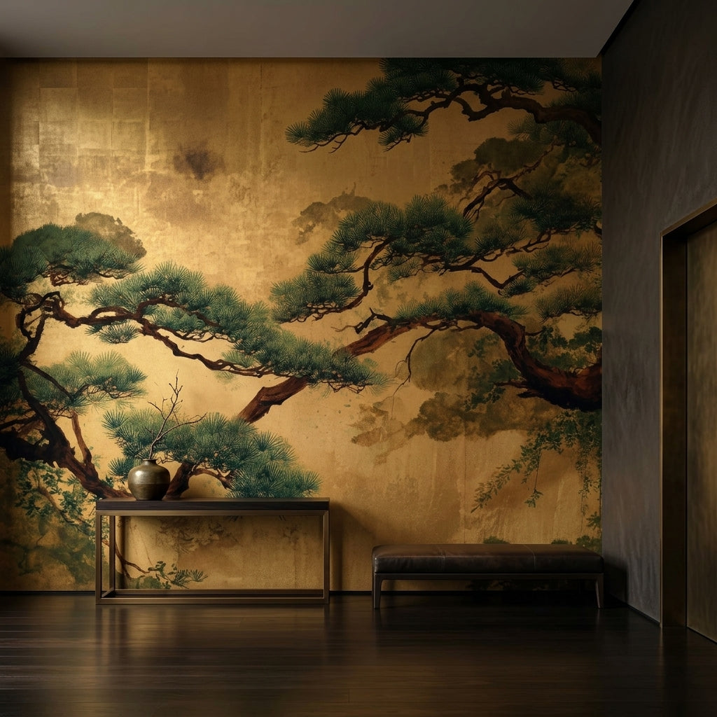 Vintage Japanese Gold Pine Tree Wallpaper Mural Japandi Peel and Stick – scale reference, Golden Era Walls