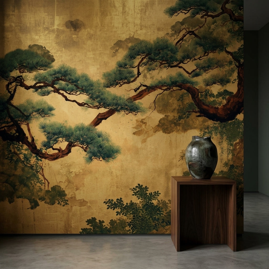 Vintage Japanese Gold Pine Tree Wallpaper Mural Japandi Peel and Stick – alternate view, Golden Era Walls