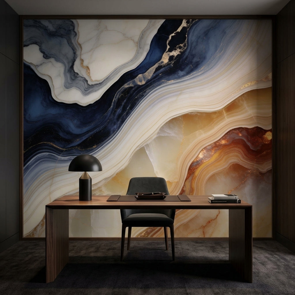 Blue and Gold Marble Wallpaper Abstract Agate Wall Mural – room setting, Golden Era Walls