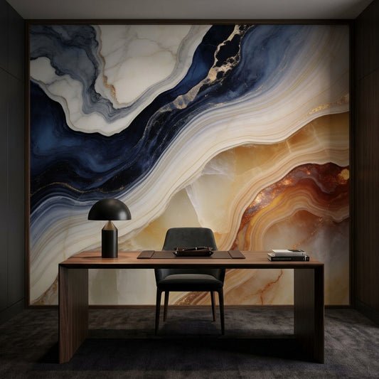 Blue and Gold Marble Wallpaper Abstract Agate Wall Mural – room setting, Golden Era Walls