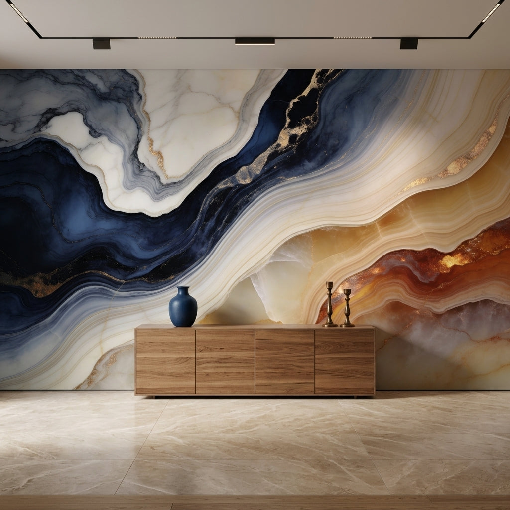 Blue and Gold Marble Wallpaper Abstract Agate Wall Mural – lifestyle view, Golden Era Walls
