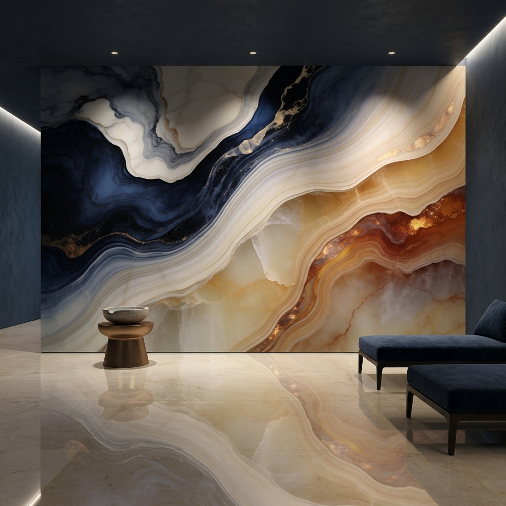 Blue and Gold Marble Wallpaper Abstract Agate Wall Mural – detail view, Golden Era Walls
