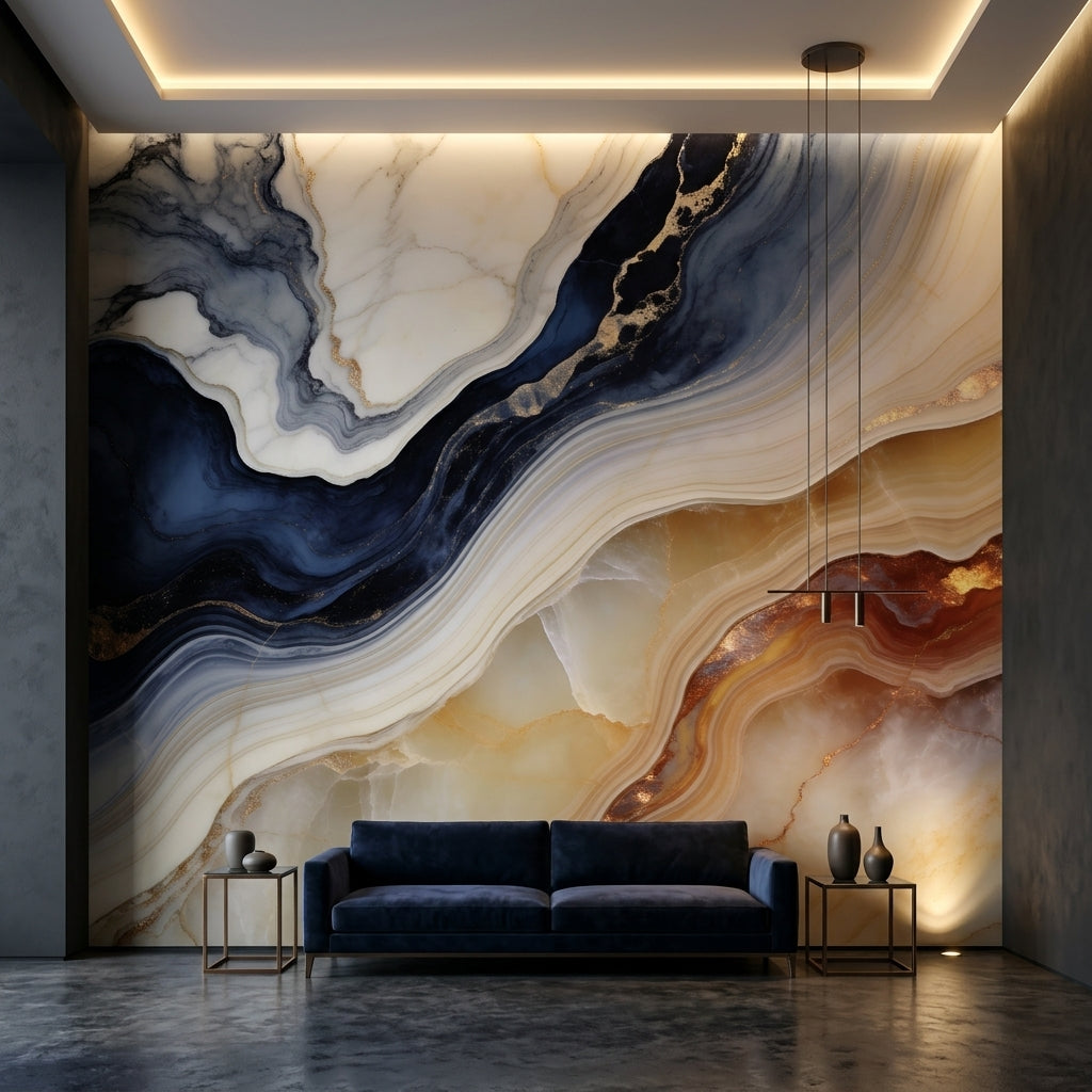 Blue and Gold Marble Wallpaper Abstract Agate Wall Mural – scale reference, Golden Era Walls