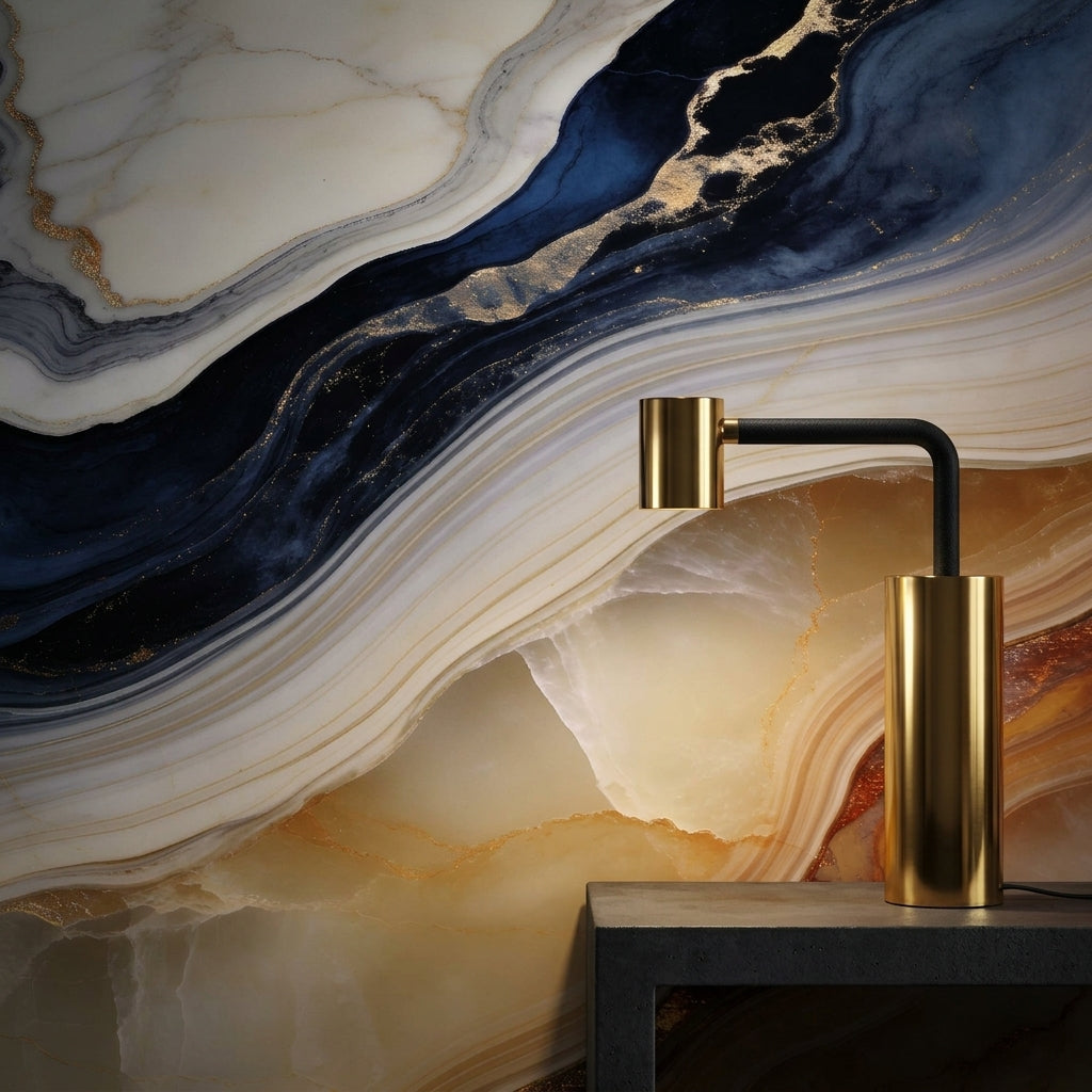 Blue and Gold Marble Wallpaper Abstract Agate Wall Mural – alternate view, Golden Era Walls