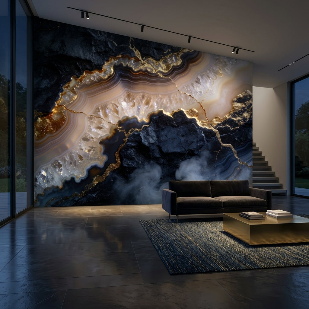 Dark Moody Agate Wall Mural Black Navy Gold Geode – room setting, Golden Era Walls