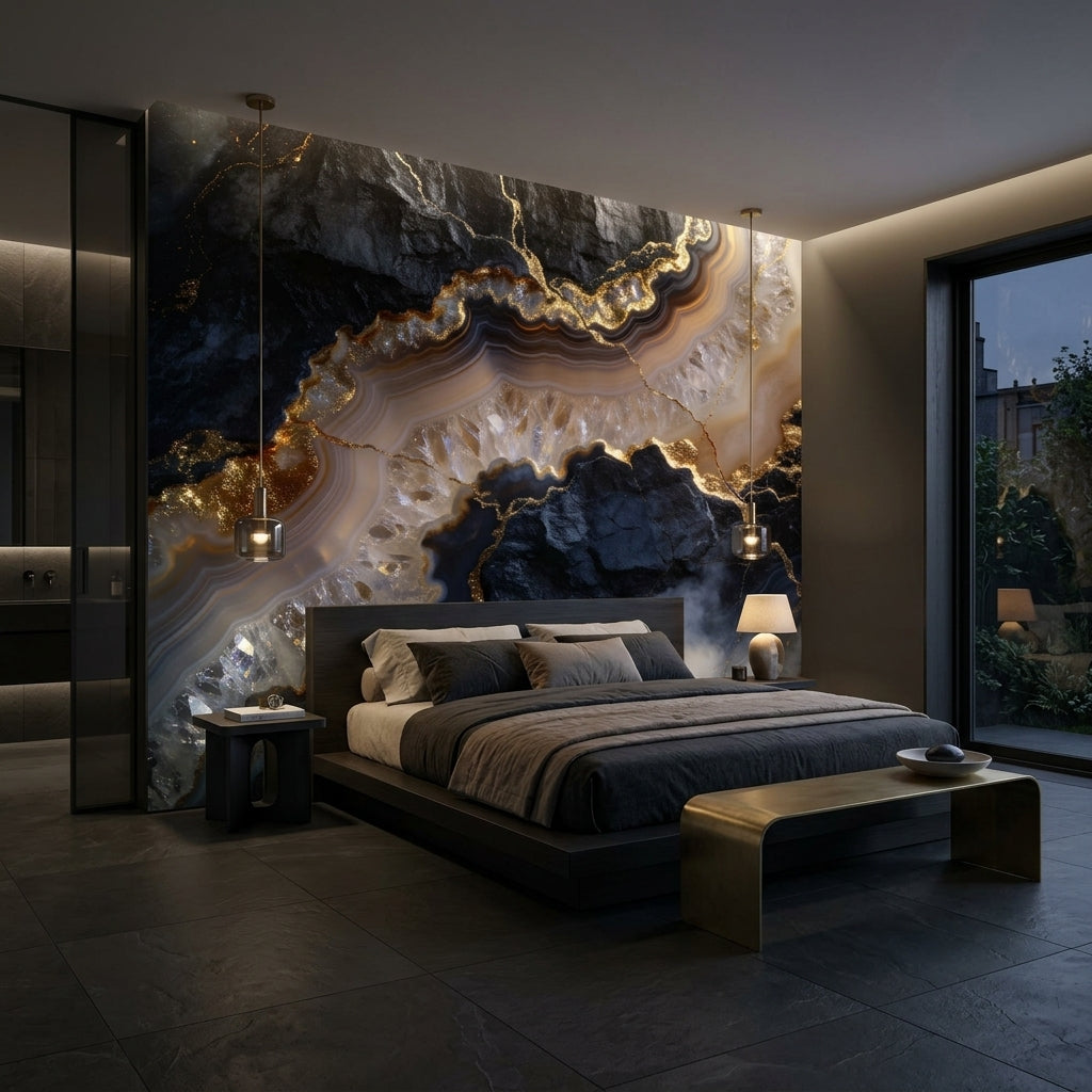 Dark Moody Agate Wall Mural Black Navy Gold Geode – lifestyle view, Golden Era Walls