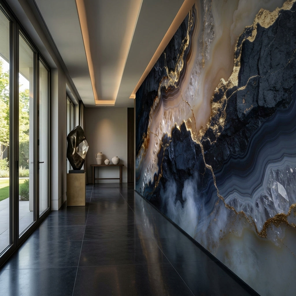 Dark Moody Agate Wall Mural Black Navy Gold Geode – detail view, Golden Era Walls