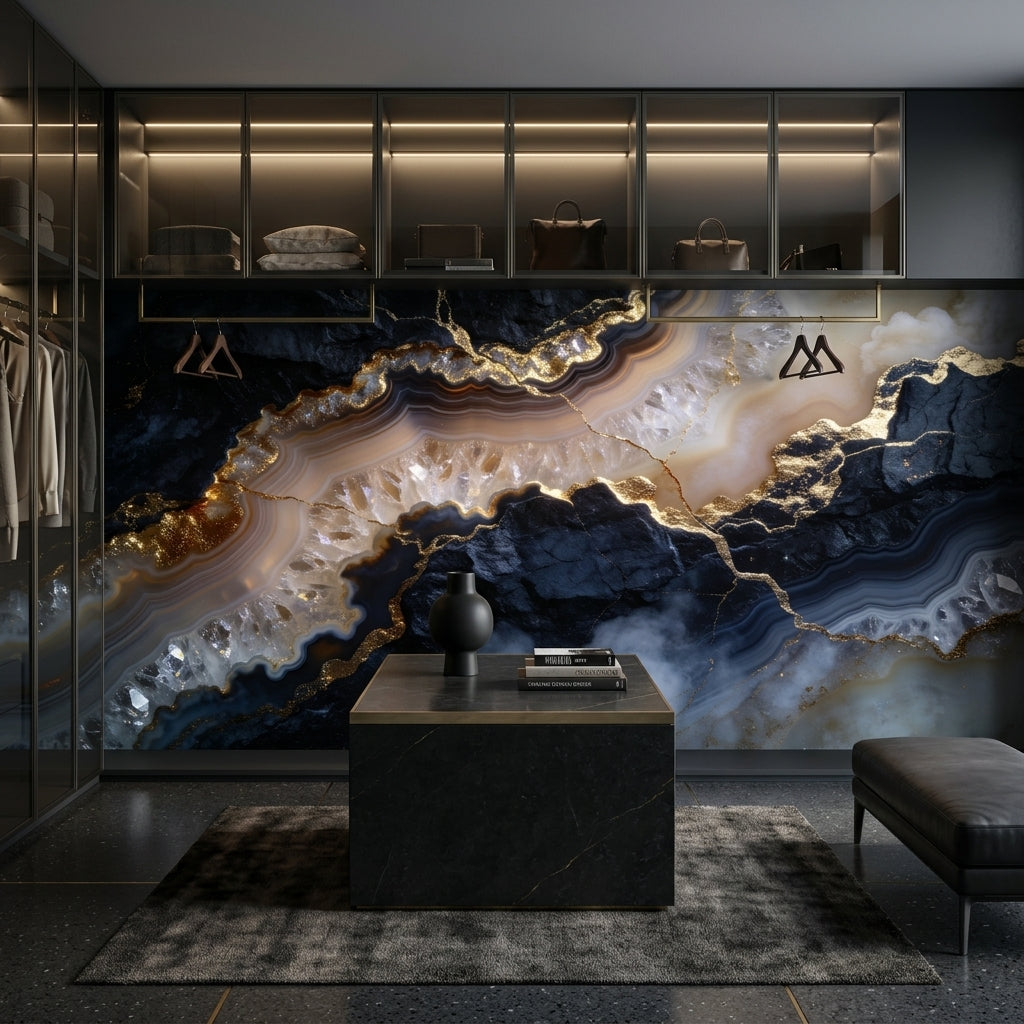 Dark Moody Agate Wall Mural Black Navy Gold Geode – scale reference, Golden Era Walls
