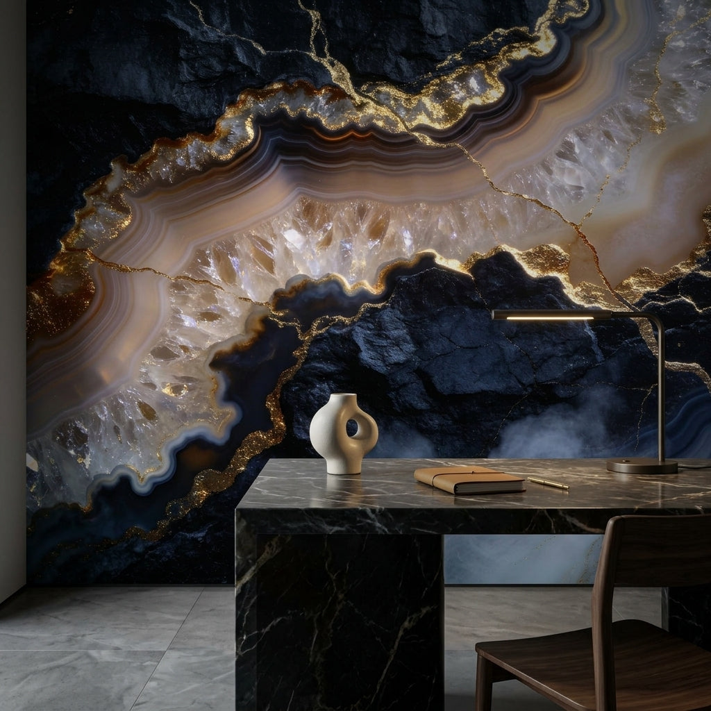 Dark Moody Agate Wall Mural Black Navy Gold Geode – alternate view, Golden Era Walls