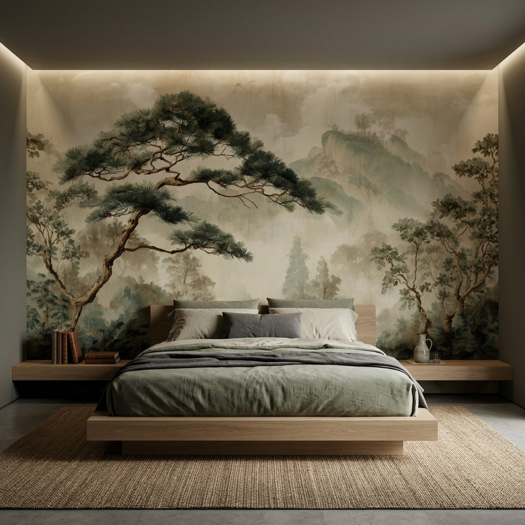 Vintage Pine Tree Landscape Wall Mural – peel and stick wallpaper mural, Golden Era Walls