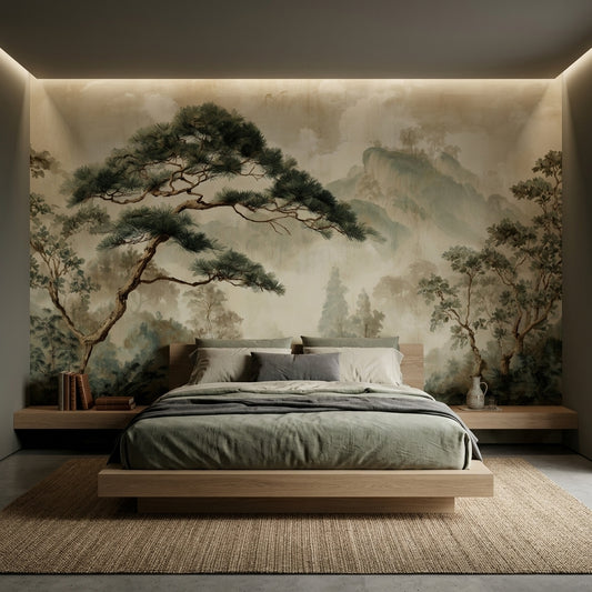 Vintage Pine Tree Landscape Wall Mural – peel and stick wallpaper mural, Golden Era Walls