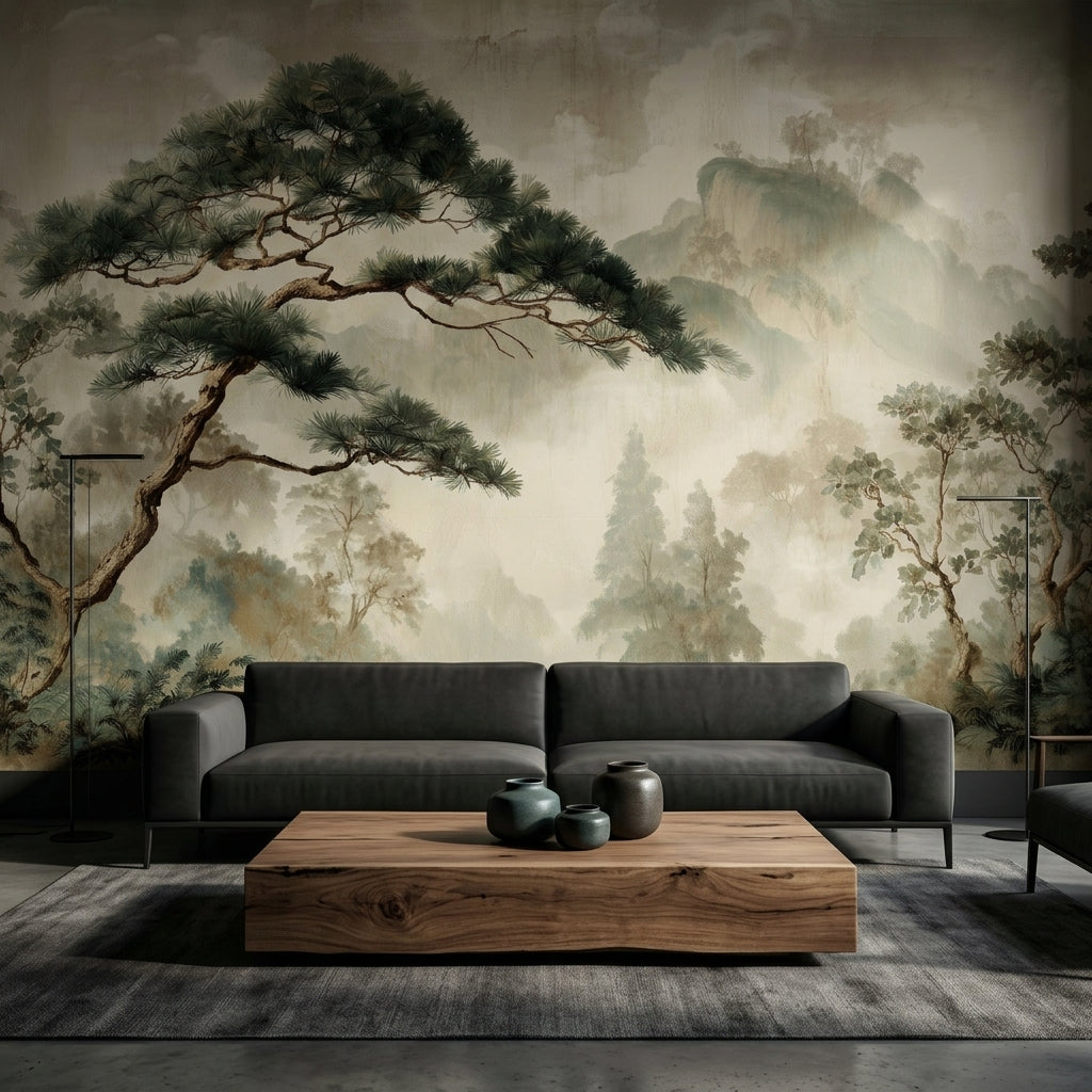 Vintage Pine Tree Landscape Wall Mural – room setting, Golden Era Walls