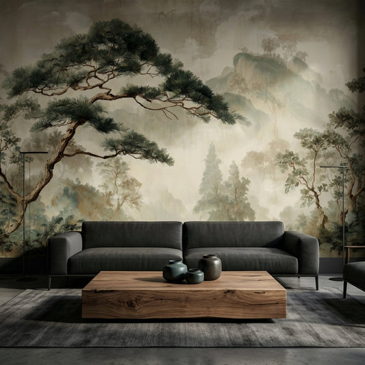Vintage Pine Tree Landscape Wall Mural – room setting, Golden Era Walls