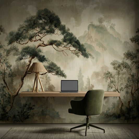Vintage Pine Tree Landscape Wall Mural – lifestyle view, Golden Era Walls